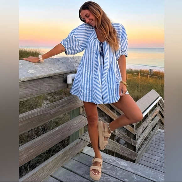 NEW! Free People BOP AROUND Romper M Seaside Stripe Ivory Blue Striped Shorts - Picture 7 of 16